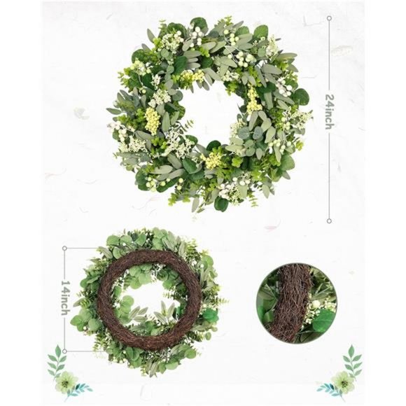 Green Eucalyptus Leaf Wreath, 24 Inch Artificial Spring Summer Wreaths - Picture 3 of 7
